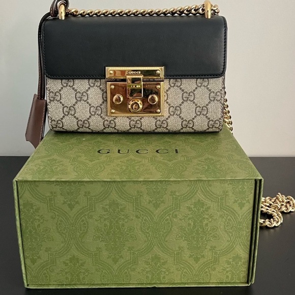 Gucci Black and Beige Padlock small GG Crossbody Bag with Gold Accents - Picture 1 of 6